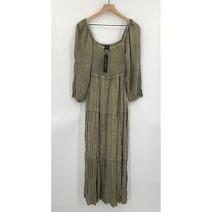 Young Threads Dress Womens Medium Green Gray Maxi Long Smocked Boho NEW